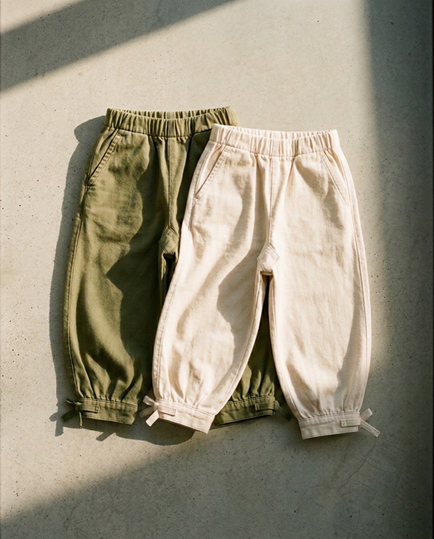 Two pairs of wide-leg twill trousers, oat over olive